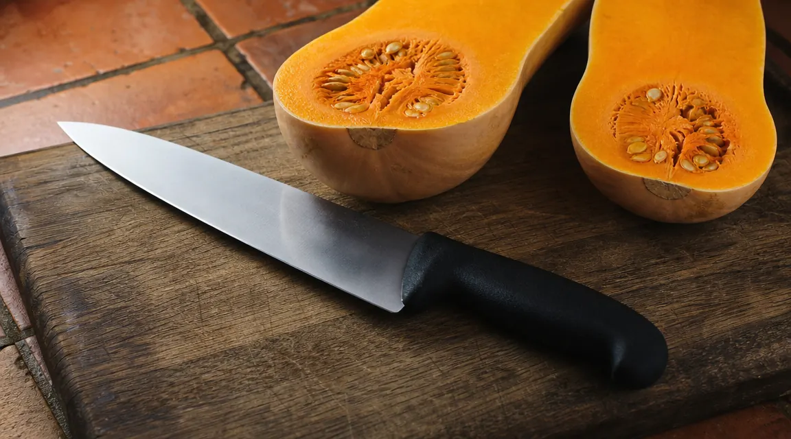 Victorinox Fibrox Pro 8-inch chef knife resting on a worn wooden cutting board next to a halved butternut squash, warm kitchen light
