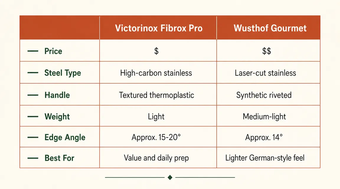Side-by-side comparison chart of Victorinox Fibrox Pro and Wusthof Gourmet on key metrics including price, blade steel, and handle material