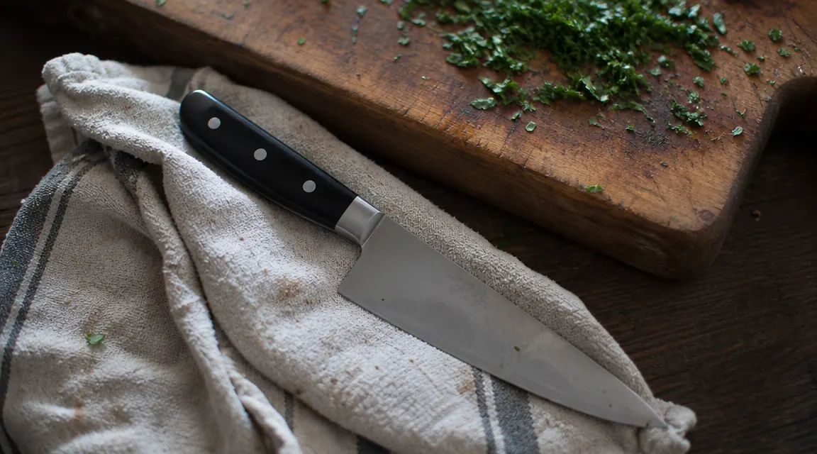 Chef knife resting on a damp kitchen towel beside a cutting board with freshly minced herbs