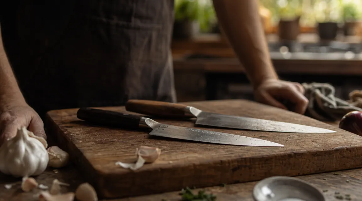 Two chef knives side by side on a worn wooden cutting board in a home kitchen, warm evening light